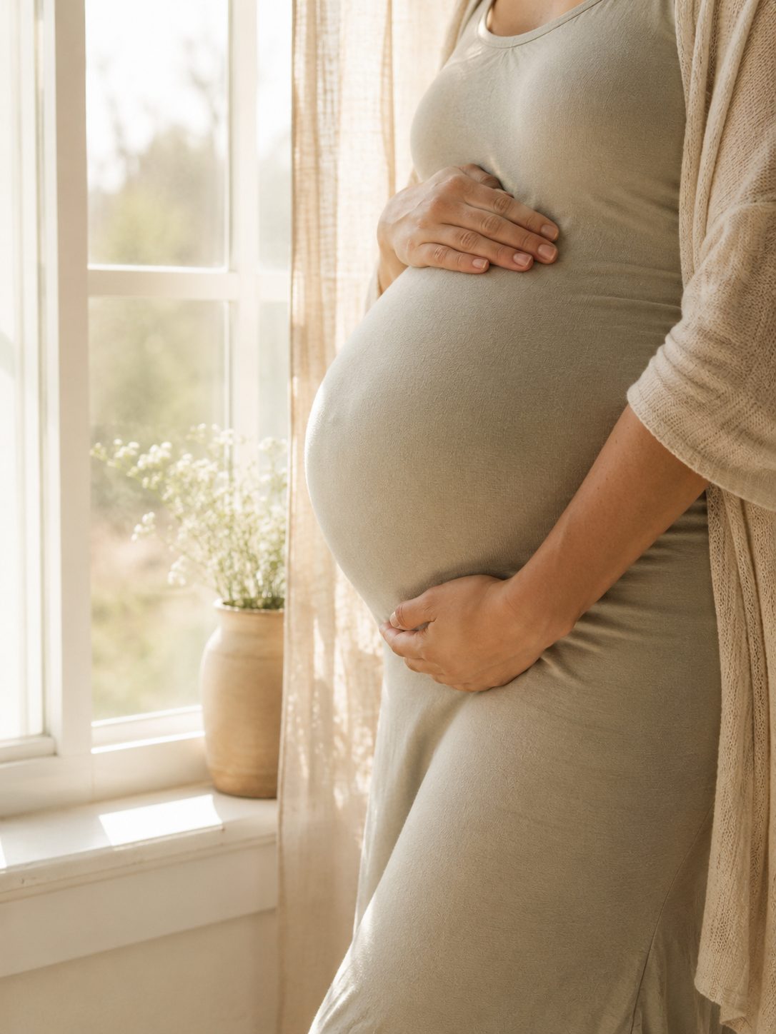 An expectant mother cradling her belly in soft window light